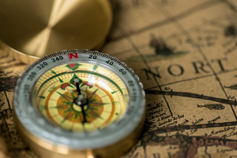 Old compass on vintage map